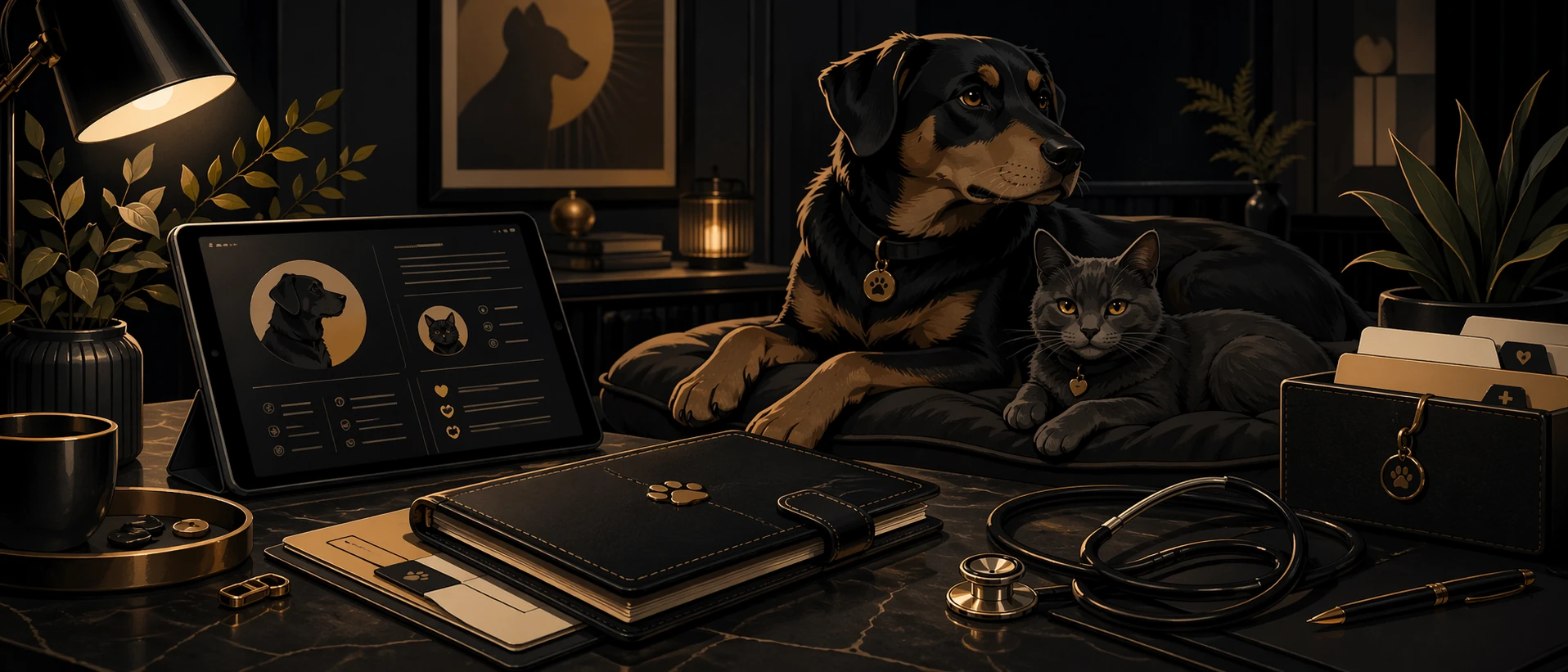 Illustrated tidy veterinary workspace with charts, supplies, and resting pets