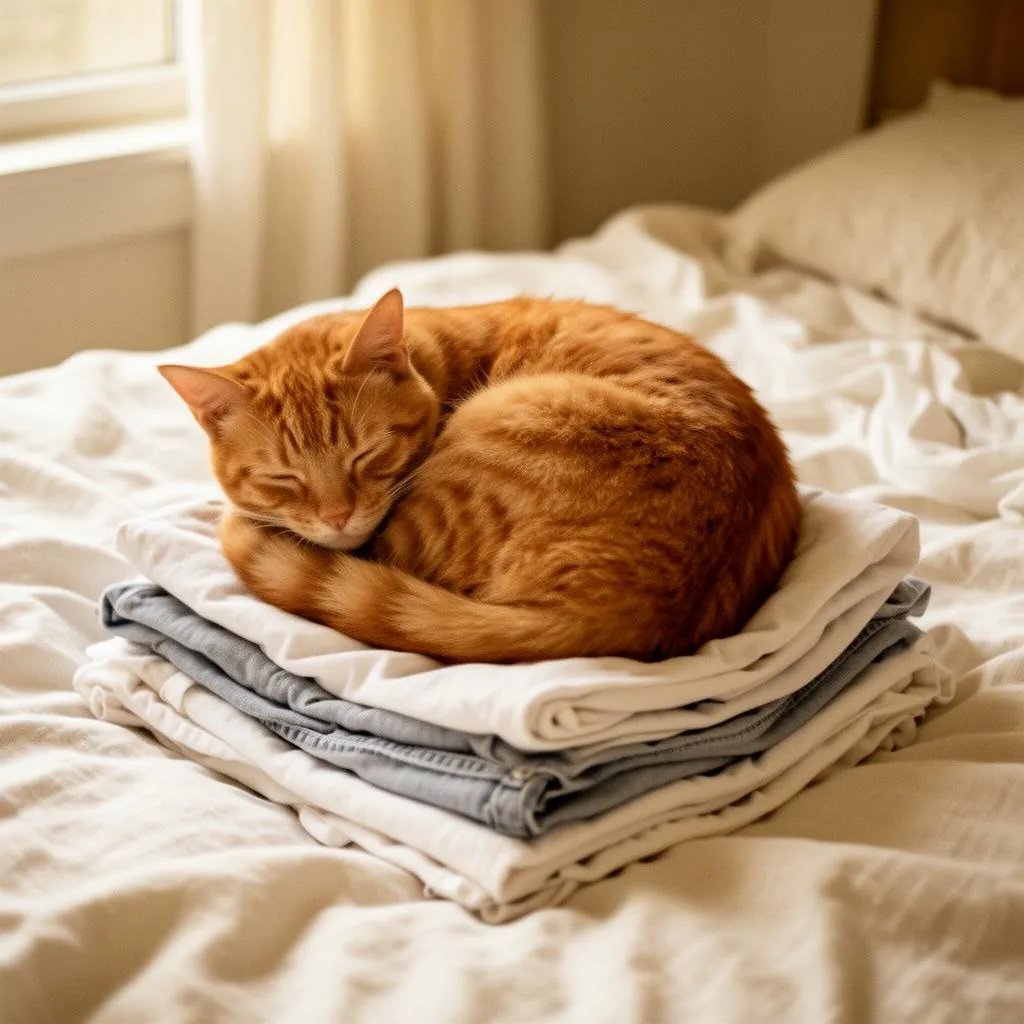 Painterly illustration of Meeko, an orange tabby cat, curled into a loaf shape resting on a folded cream linen laundry pile in soft afternoon light