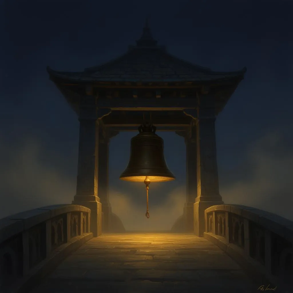 A hand reaching for the Shepherding Bell at dusk — the moment the crossing is carried