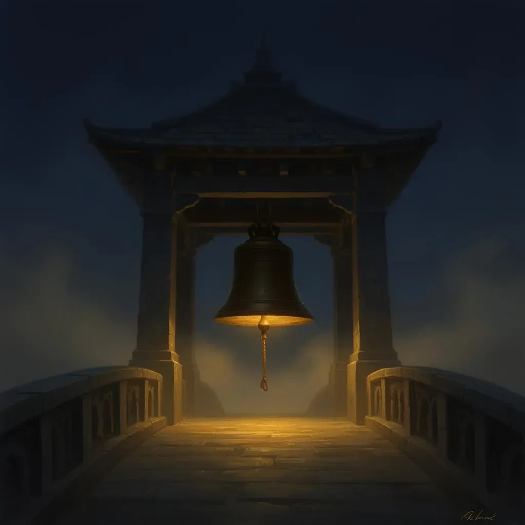 A hand reaching for the Shepherding Bell at dusk — the moment the crossing is carried